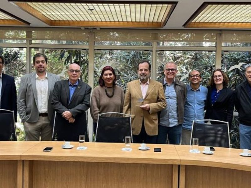 Diretoria executiva da Rede API (Paula Lima, André Santos, Flávio José Anequini e Marcos Godinho), acompanhada de representantes de ambientes associados, participa de encontro institucional com Carlos Graeff, diretor-presidente do Conselho Técnico-Administrativo da Fundação de Amparo à Pesquisa do Estado de São Paulo (FAPESP), para apresentar as ações realizadas pela Rede em 2025.
